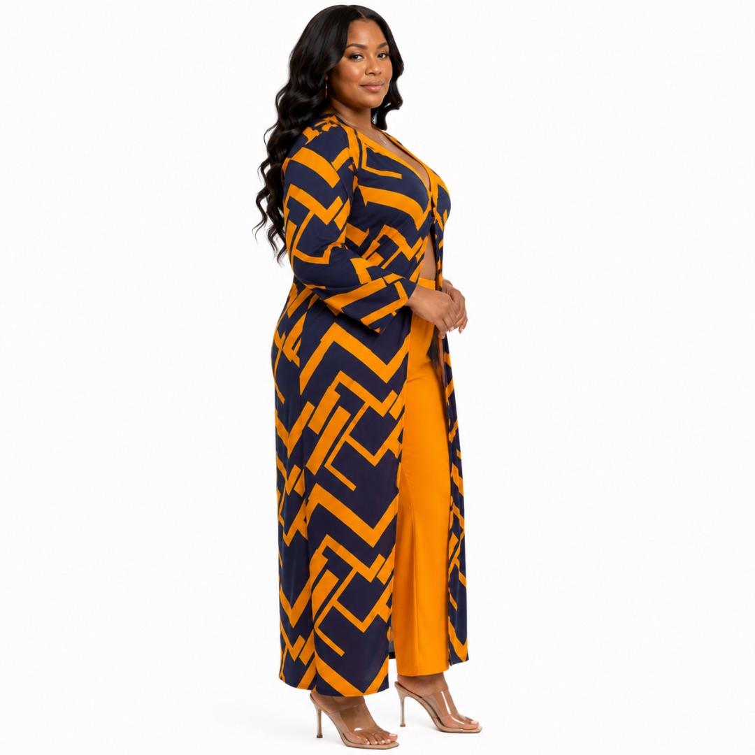 Geometric Print Longline Kimono and Wide Leg Trousers Set